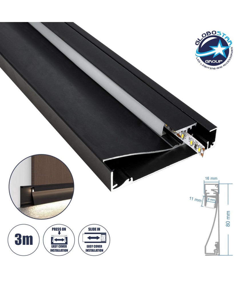 GloboStar® SKIRTINGBOARD-PROFILE 70852-3M Προφίλ Αλουμινίου - Βάση & Ψύκτρα Ταινίας LED με Λευκό Γαλακτερό Κάλυμμα - Επιφανειακή Χρήση για Περβάζι - Πατητό Κάλυμμα - Μαύρο - 3 Μέτρα - Μ300 x Π1.6 x Υ8cm